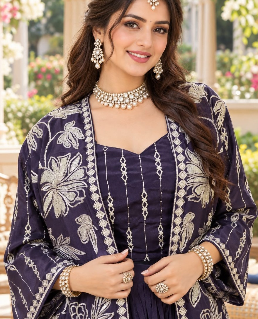 2202 - Blue Chinon Readymade Lehenga Choli